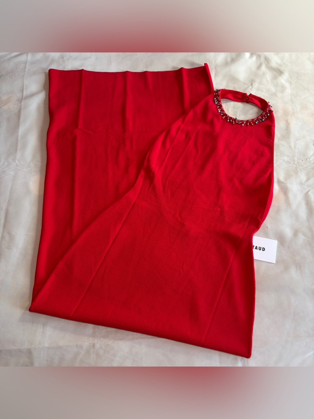 NEW! Staud- REINA DRESS RED ROSE Size Medium Embellished Neck Summer Halter - Picture 2 of 11